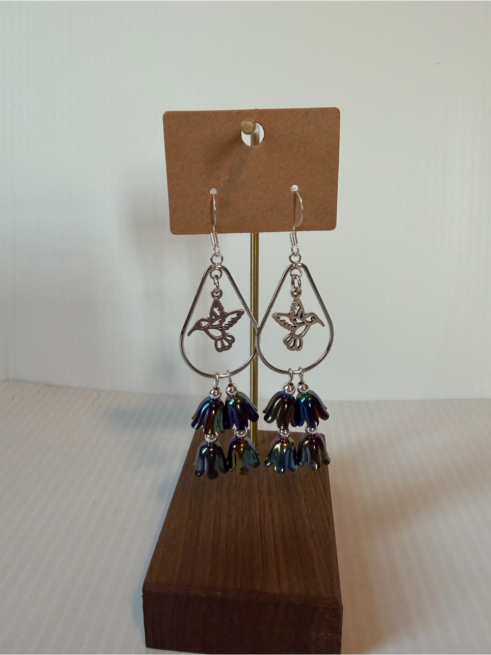 Handcrafted Silver Hummingbird Teardrop Earrings with Iridescent flower Beads